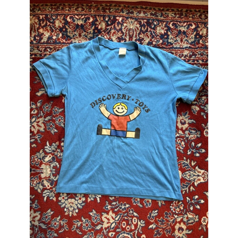 Vintage 80s 90s Shirt Adult Small Blue Discovery Toys Graphic Tee SS V Neck
